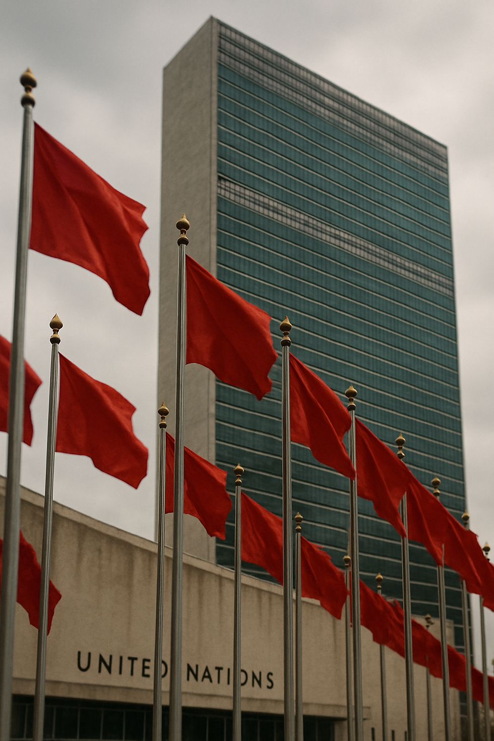 Rows of red flags stand before the United Nations headquarters in New York, symbolizing controversy, excess, and calls for reform within the organization.