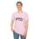 Thumbnail: A person wearing a light pink "PTO" T-shirt, standing and smiling.