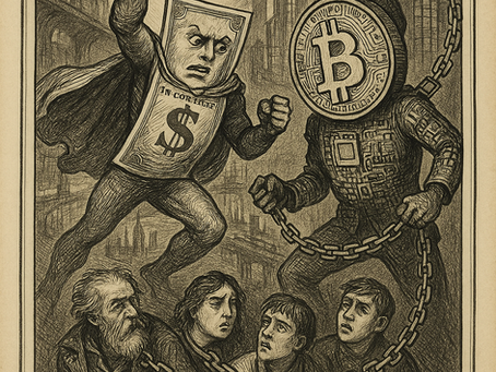 Vintage-style illustration of a heroic dollar bill figure fighting a Bitcoin-headed villain to free chained citizens, symbolizing cash as financial freedom.