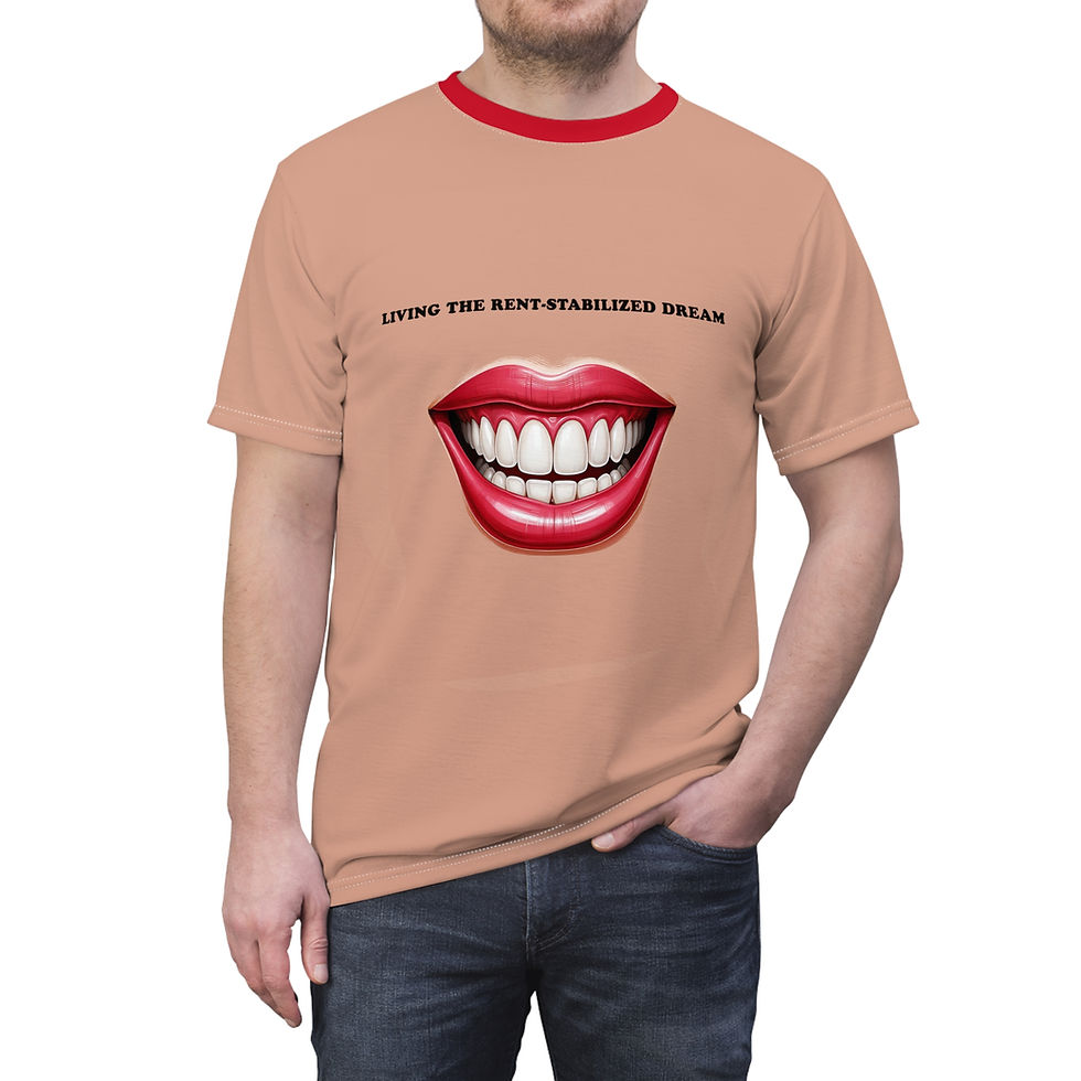 Unisex Rent-Stabilized Dream T-Shirt with bold red lips graphic, front view on model