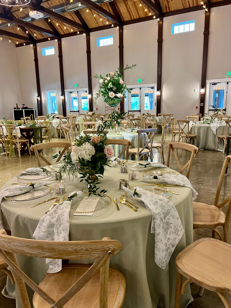 Thumbnail: round table set with panama sage green tablecloth toile napkins