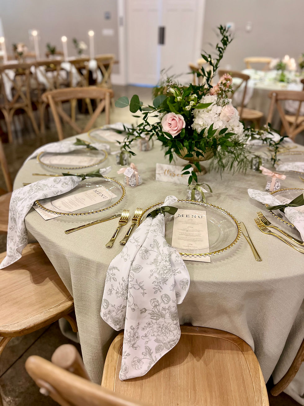 Thumbnail: round table set with panama sage green tablecloth toile napkins