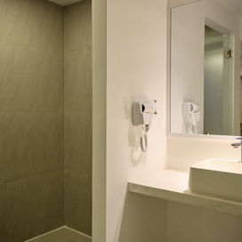 Modern bathroom with white vessel sink and walk-in shower