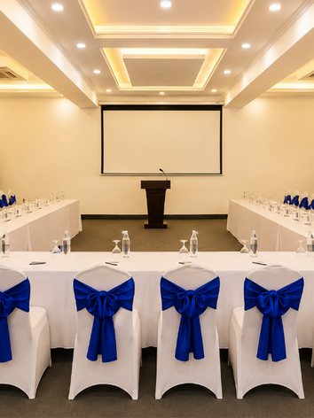 Conference room with U-shaped table and blue bow chairs.