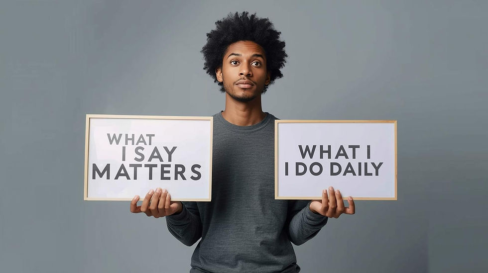 a person holding two signs. What I say matters vs. what I do daily