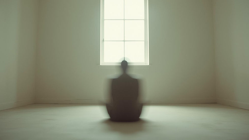 Blurred image of a man sitting alone in front of a window in an empty room