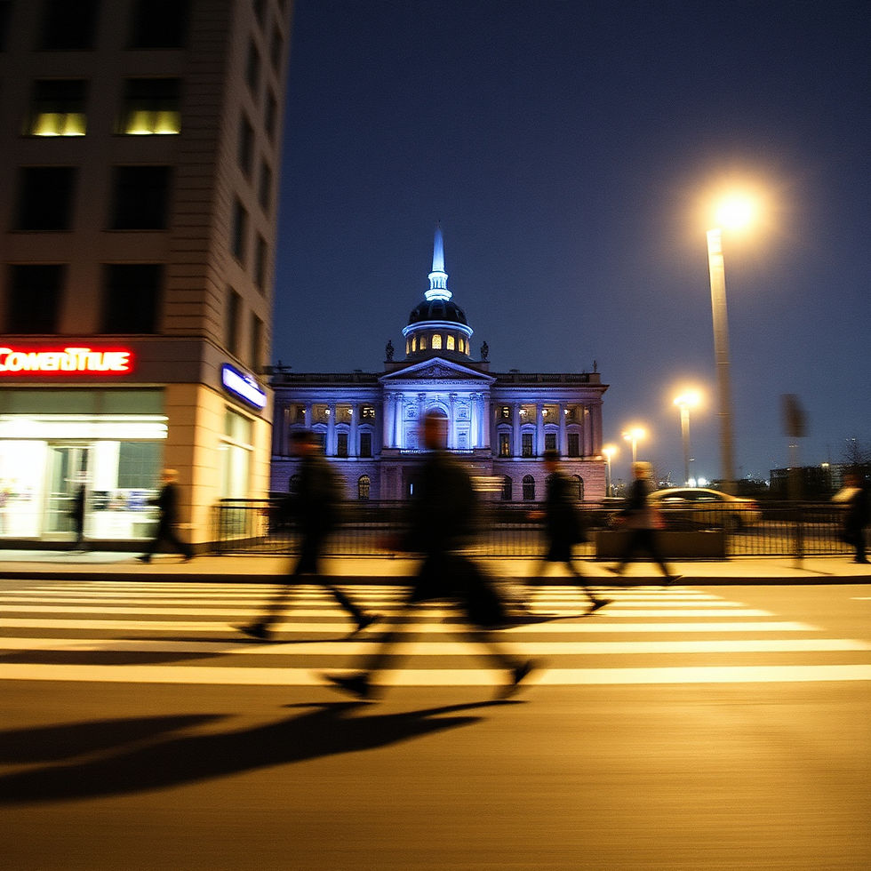 People walk across a crosswalk at night in front of an illuminated historic building. A bright sign reads "CONSTITUE." Streetlights glow.