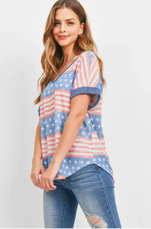Ribbed Short Sleeve American Flag Top