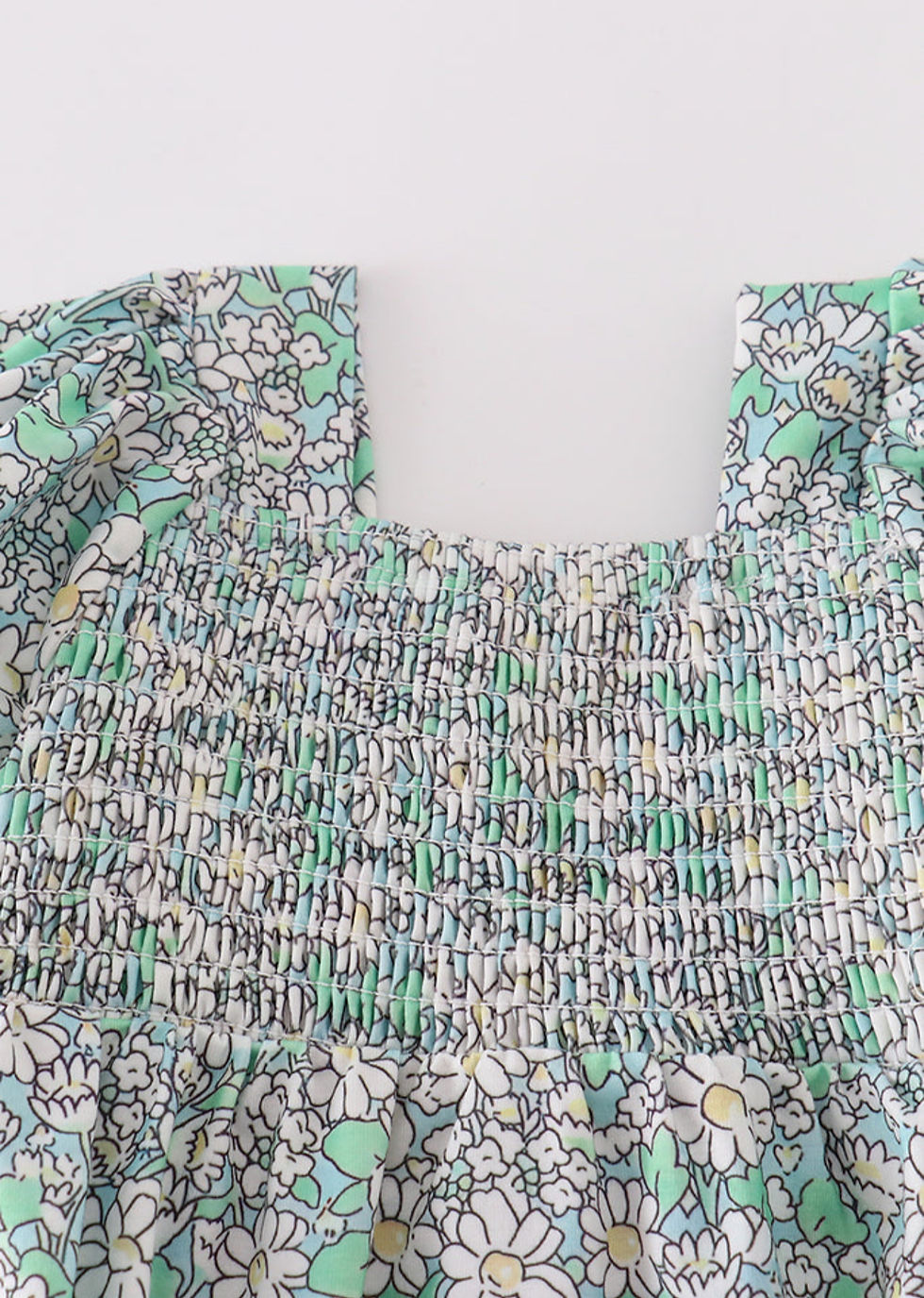 Thumbnail: Green Floral Print Smocked Girl Bubble