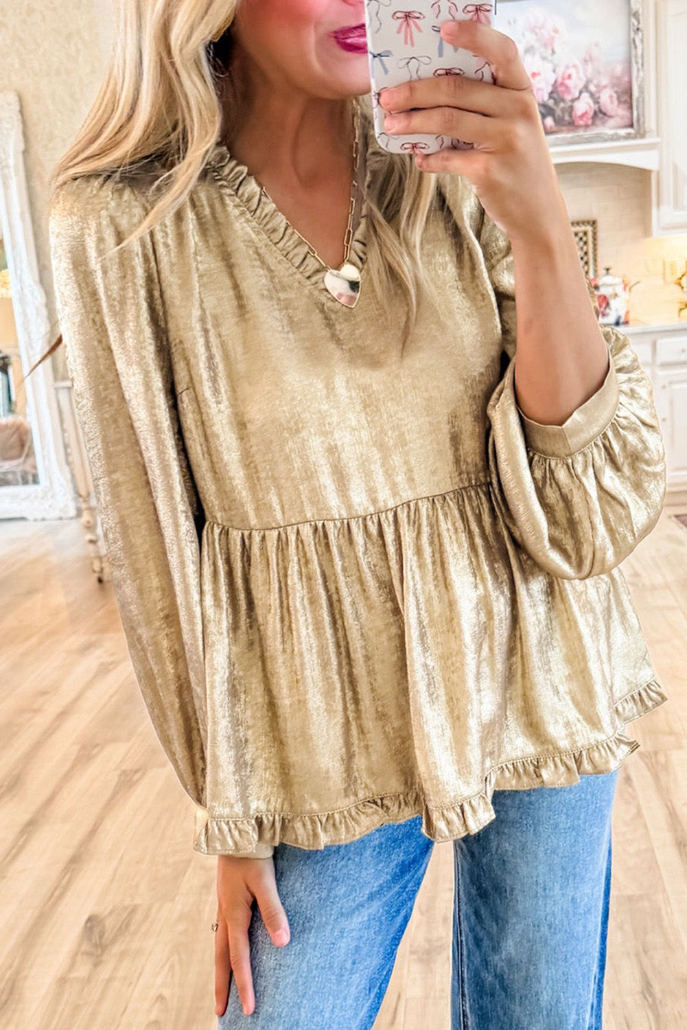 Gold Metallic V Neck Puff Sleeve Top