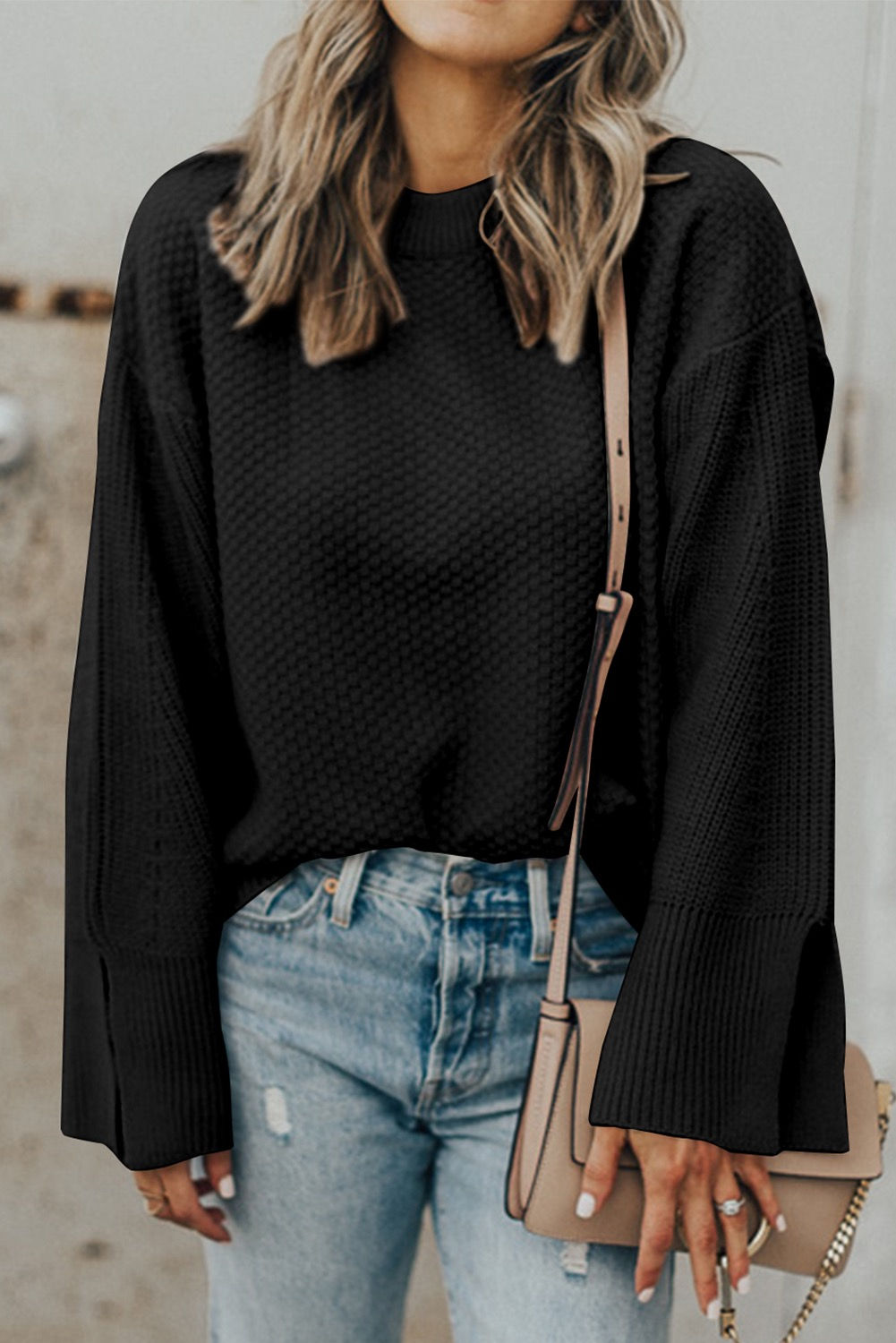 Black Solid Textured Knit Split Sleeve Top