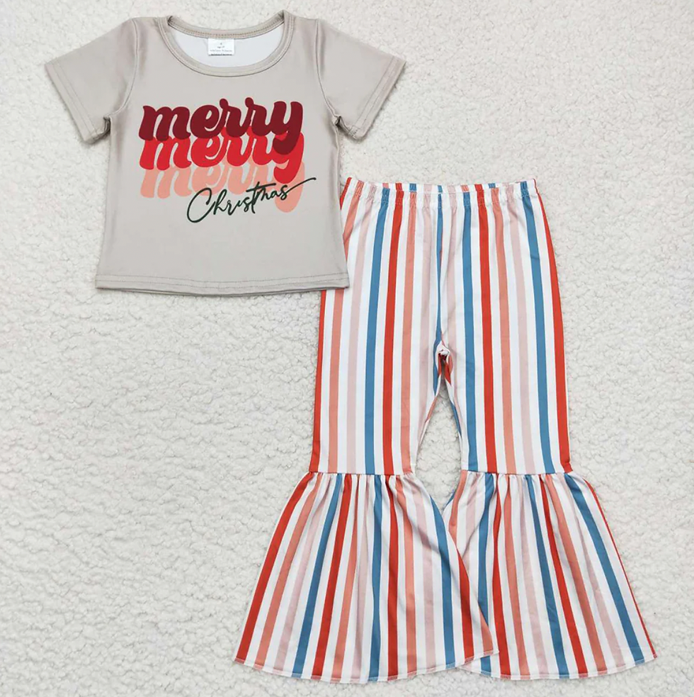 Merry Christmas Tee Shirt Tops Stripes Bell Bottom Sets