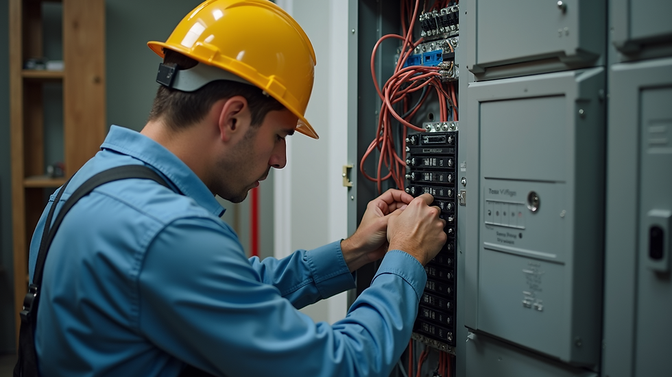 Eye-level view of a professional technician inspecting a home electrical panel
