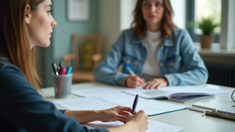 close-up view of a coaching session with a student and coach discussing study plans