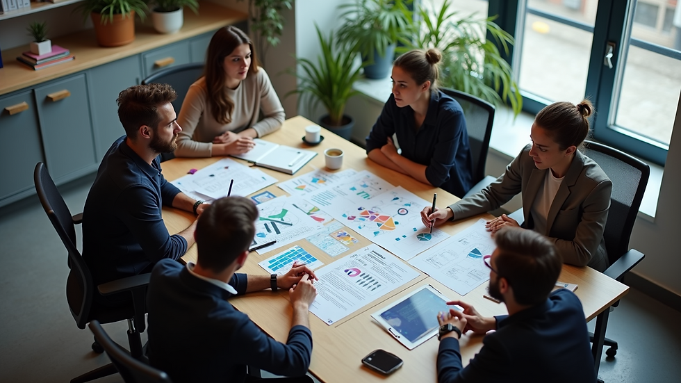 High angle view of a marketing team brainstorming social media campaign ideas