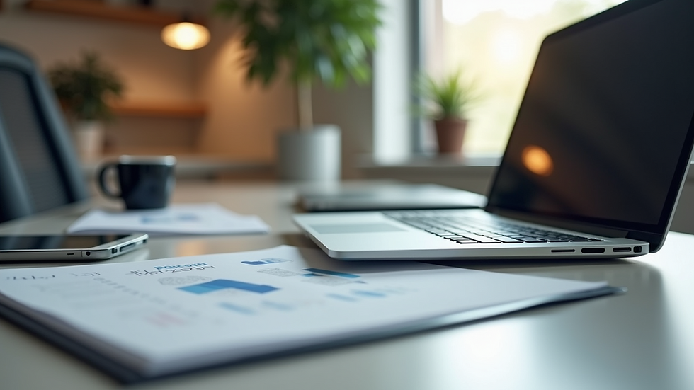 Eye-level view of a modern office workspace with a laptop and digital marketing materials