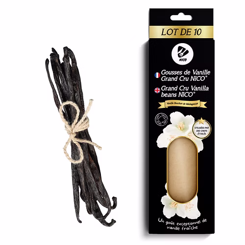 Lot de 10 gousses de vanille Bourbon de Madagascar NICO® dans emballage premium noir, gousses entières nouées – vanille grand cru naturelle idéale pour pâtisserie et rhum arrangé