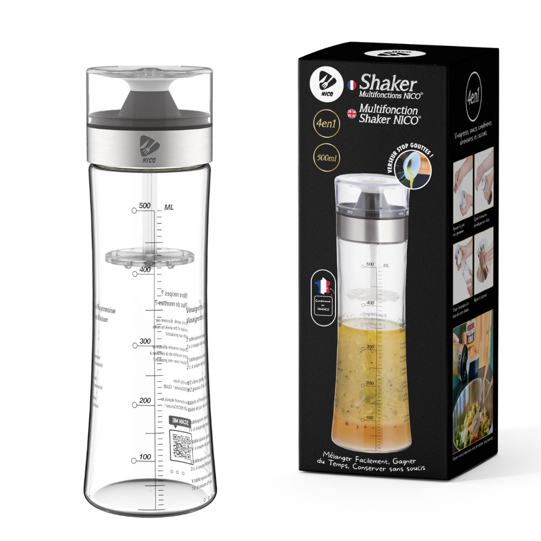 Shaker Multifonctions NICO® (500ml) pour Vinaigrettes, Sauces, Cocktails & Sport