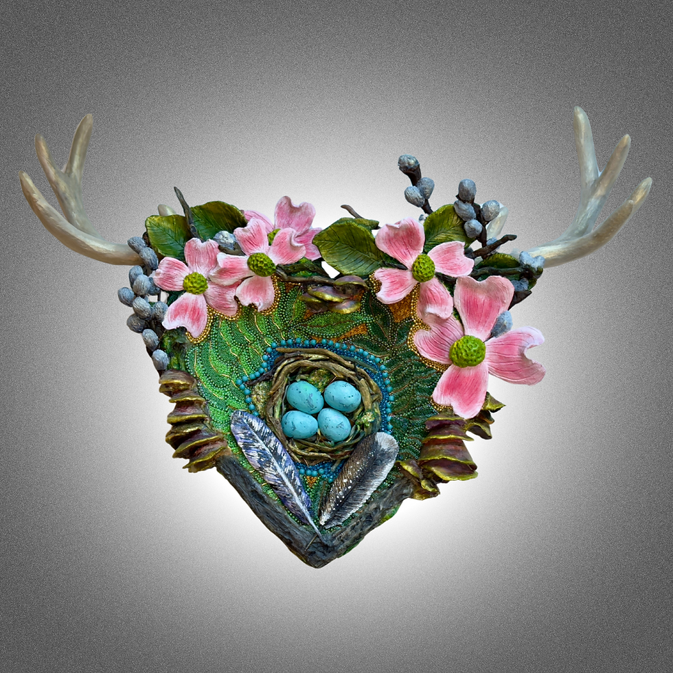 Step into a world where nature's beauty unfolds before your eyes. This mixed media sculptural, beaded artwork, features elegant antlers adorned with delicate pink dogwood blossoms and a cozy bird's nest cradling vibrant blue eggs. This is my invitation to you to embrace the harmony of wildlife and the wonders of the natural world. Allow yourself to be inspired by this captivating display and remember the beauty that surrounds you. Join me in celebrating the cycle of life and the magic of transformation!