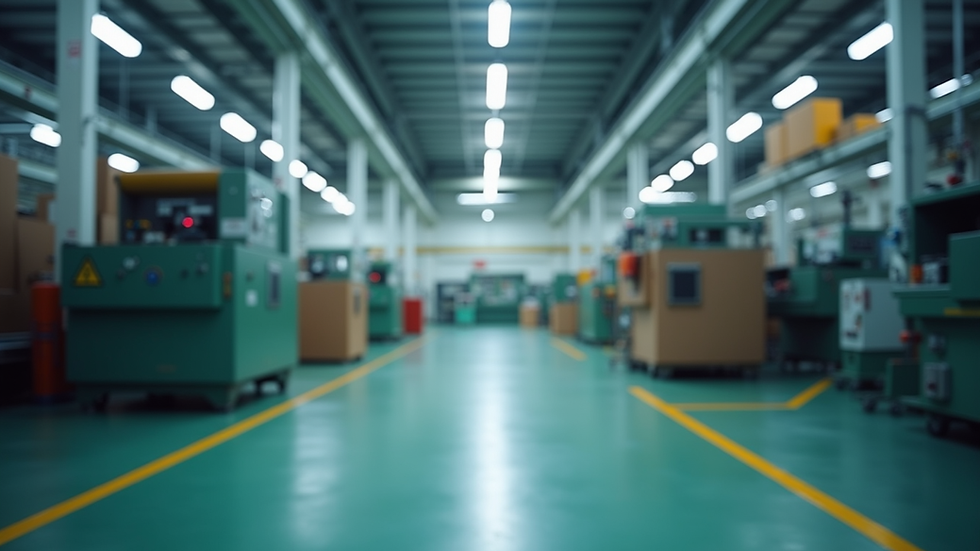 Eye-level view of factory floor with safety signs and machinery