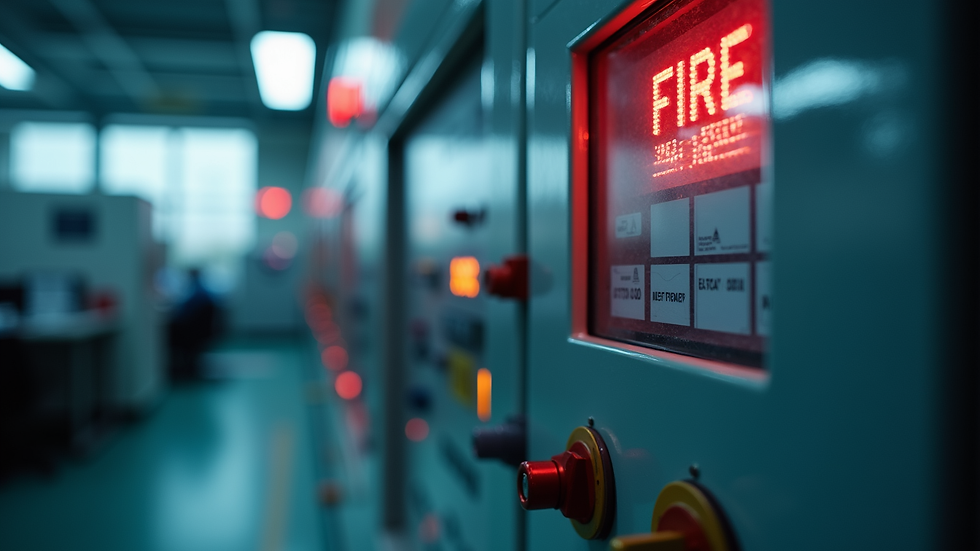 Close-up view of a fire alarm control panel in a factory control room
