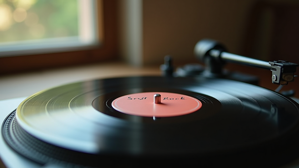 Close-up view of a vintage vinyl record player with a soft rock album