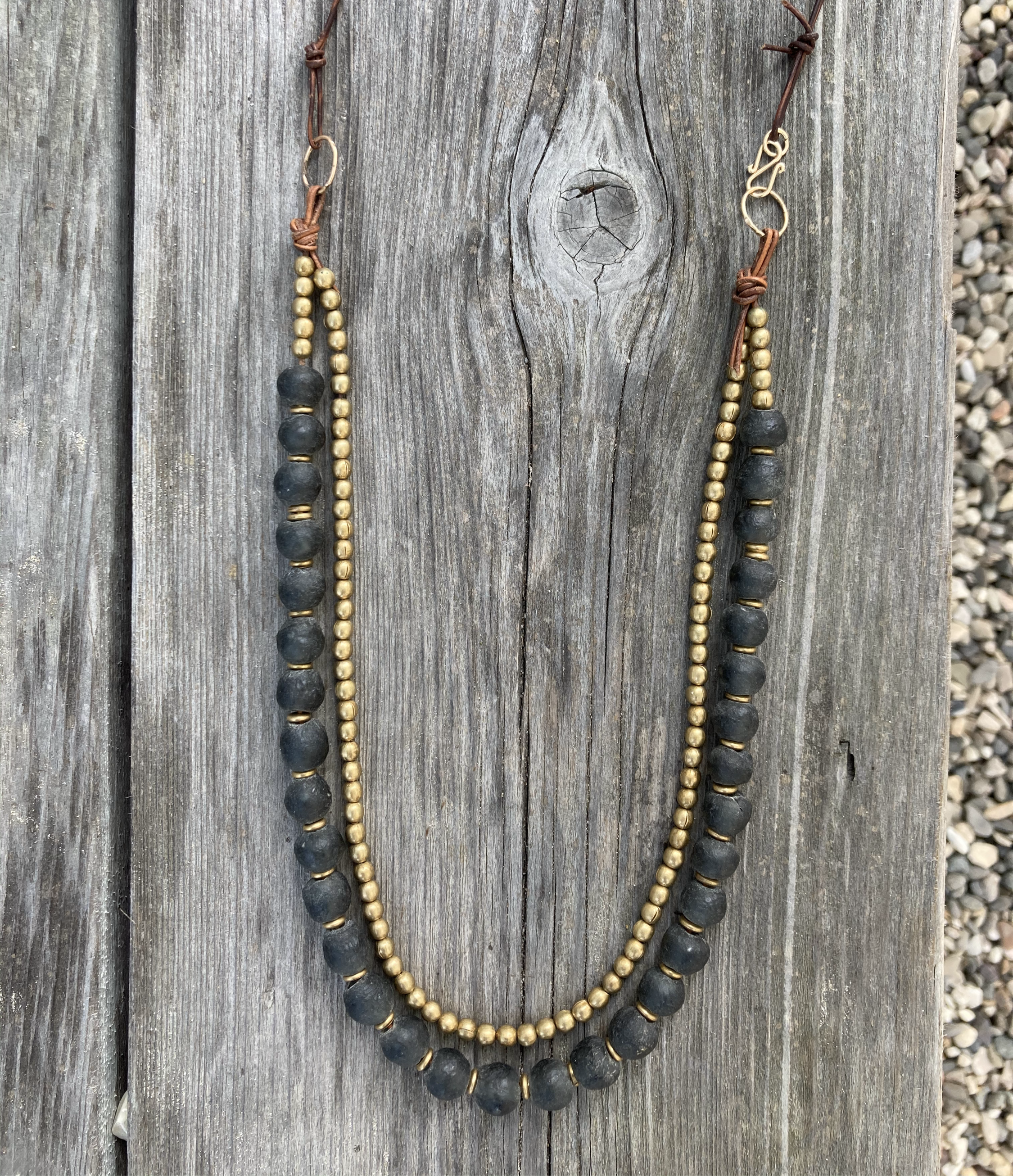 Double Strand Trade Bead Necklace with hand forged circle