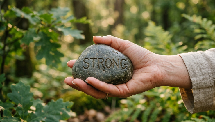 Close-up view of a hand holding a smooth stone engraved with the word strong.