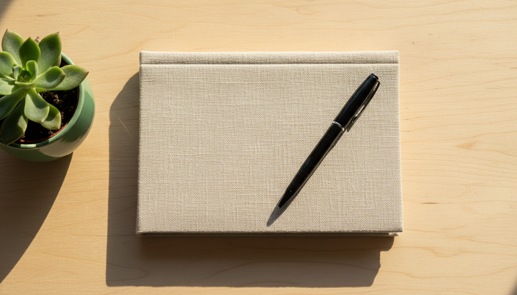 Overhead view of a closed notebook with a pen resting on top near a small plant.