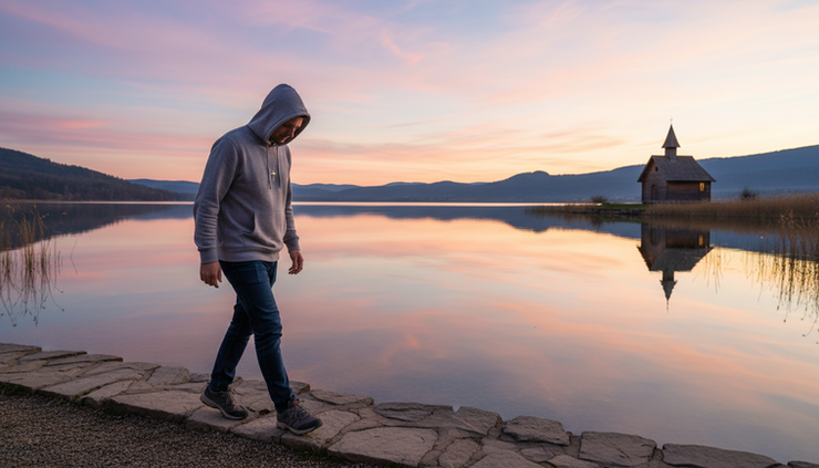 Eye-level view of a person walking alone beside a quiet lake at dusk.