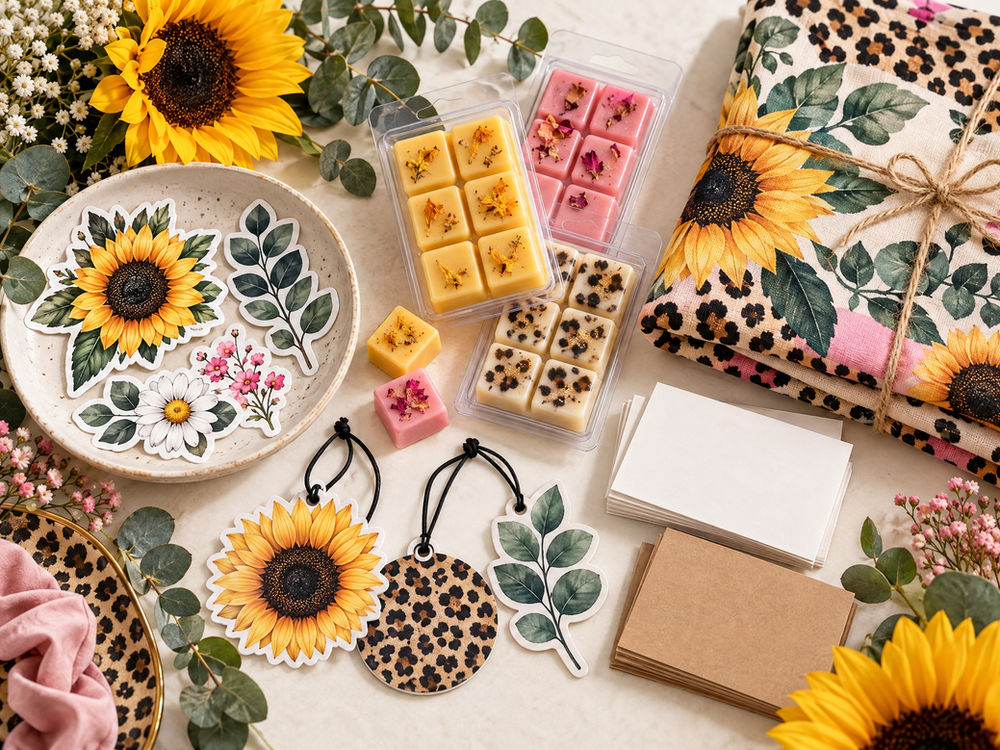 Stickers, wax melts, car air fresheners, business cards and a table cloth with sunflowers