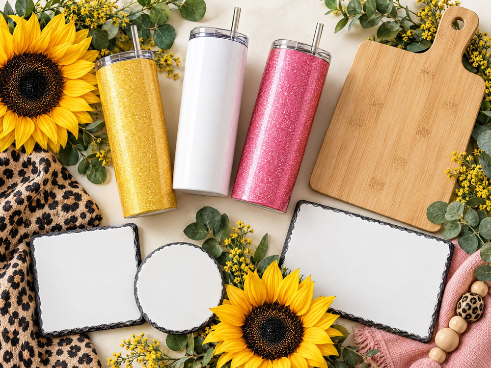 Tumblers, a cutting board, ceramic slates and coasters decorated with sunflowers and eucalyptus