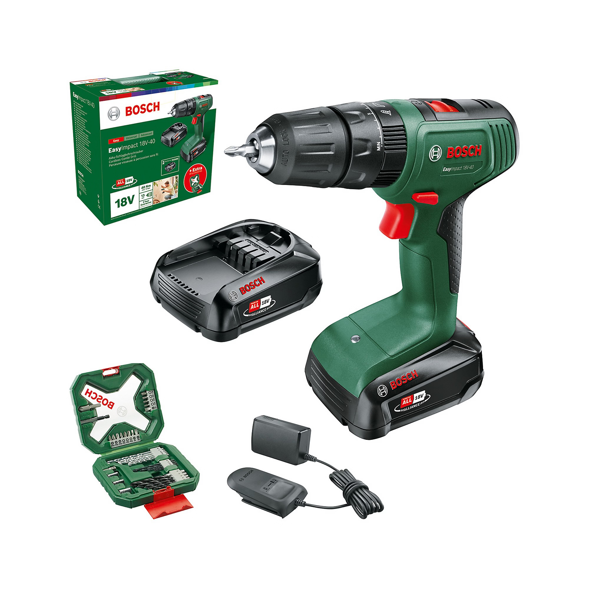 Perceuse-visseuse à percussion Bosch EasyImpact 18V-40 – 2x2,0Ah + coffret 34pcs