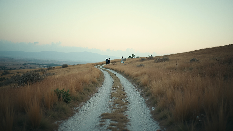 Eye-level view of a serene landscape with a winding path