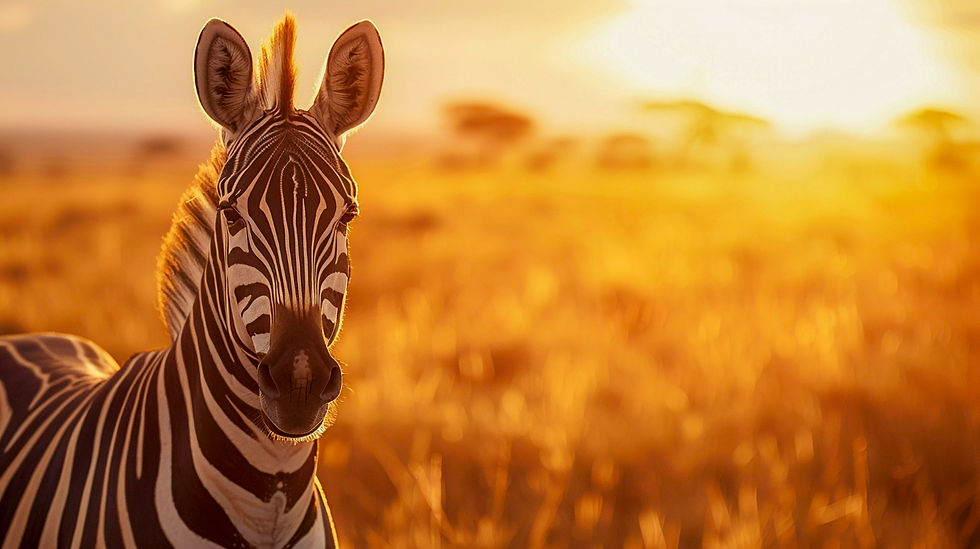 Zebra stands in a sunlit savannah, surrounded by golden grass and a warm, glowing sunset. The mood is serene and peaceful.