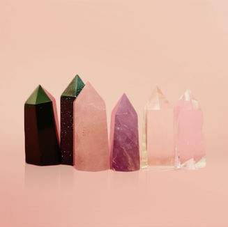 Different types of Crystals towers such as rose quartz, obsidian crystal, lapiz lazuli
