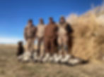 Four people, dressed in hunting gear from Waterfowl Outfitters, stand in a row in front of a stack of hay bales in an open field. A black dog sits to their left. The sky is clear and blue. Multiple birds are laid out in front of them, showcasing the success of their guided goose hunts.
