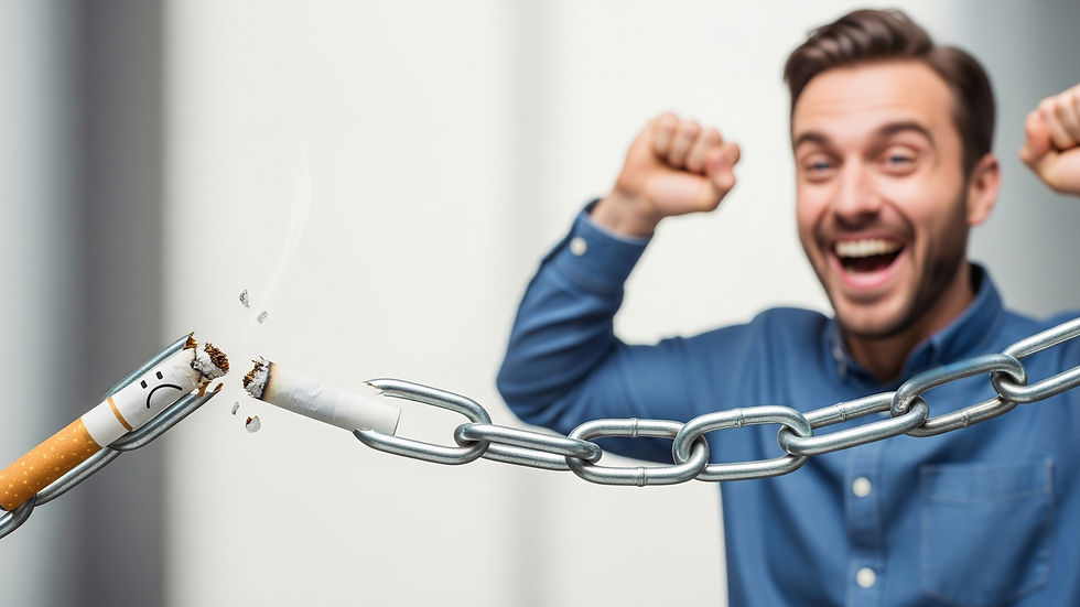 Homme souriant et joyeux, les poings levés en signe de victoire, devant une cigarette brisée attachée à une chaîne également brisée. Le fond est neutre et flou, mettant en avant la libération de l'addiction au tabac.