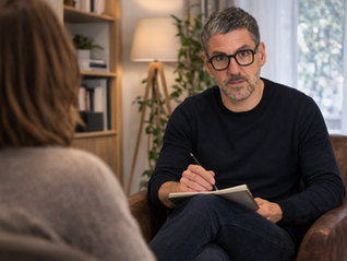 Hypnothérapeute Kristof Bruand en consultation dans son cabinet à Paris 10 accompagnant une patiente en séance d’hypnose thérapeutique