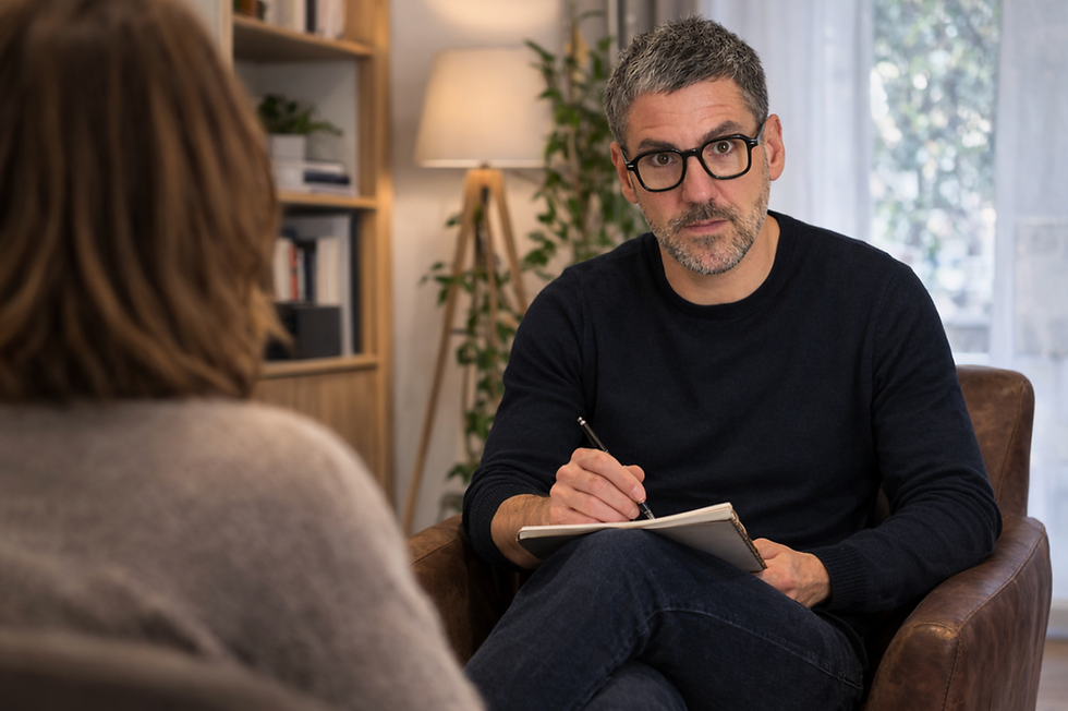 Hypnothérapeute Kristof Bruand en consultation dans son cabinet à Paris 10 accompagnant une patiente en séance d’hypnose thérapeutique