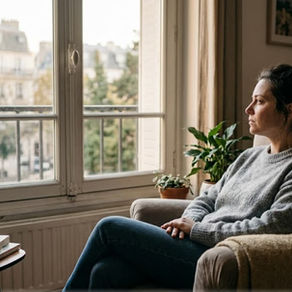Femme assise près d’une fenêtre, le regard tourné vers l’extérieur, illustrant la difficulté à lâcher prise et le besoin de contrôle.