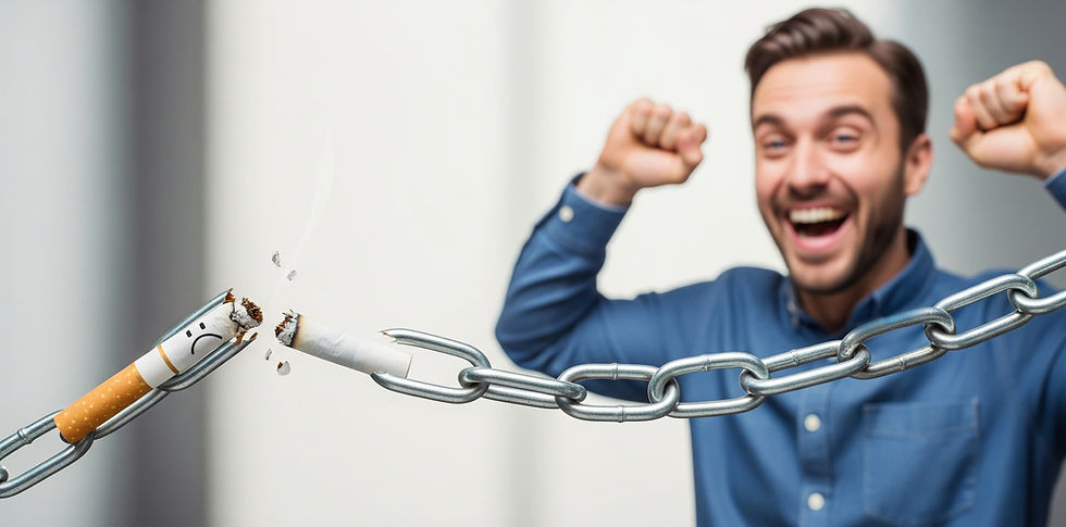 Homme souriant brisant une cigarette enchaînée, symbole de la liberté retrouvée grâce à l’hypnose pour arrêter de fumer.