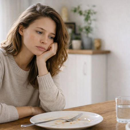 faim après repas femme assiette vide sensation de faim constante
