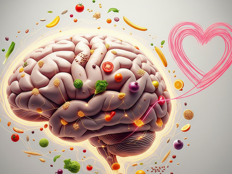 Illustration symbolique d’un cerveau humain entouré de divers aliments colorés (fruits, légumes, céréales) flottant autour de lui, représentant l'influence de la nutrition sur le bien-être mental et émotionnel. Des connexions lumineuses évoquent le système nerveux, tandis qu’un cœur rose dessiné en filigrane à droite de l’image symbolise le lien entre alimentation, émotions et amour de soi.