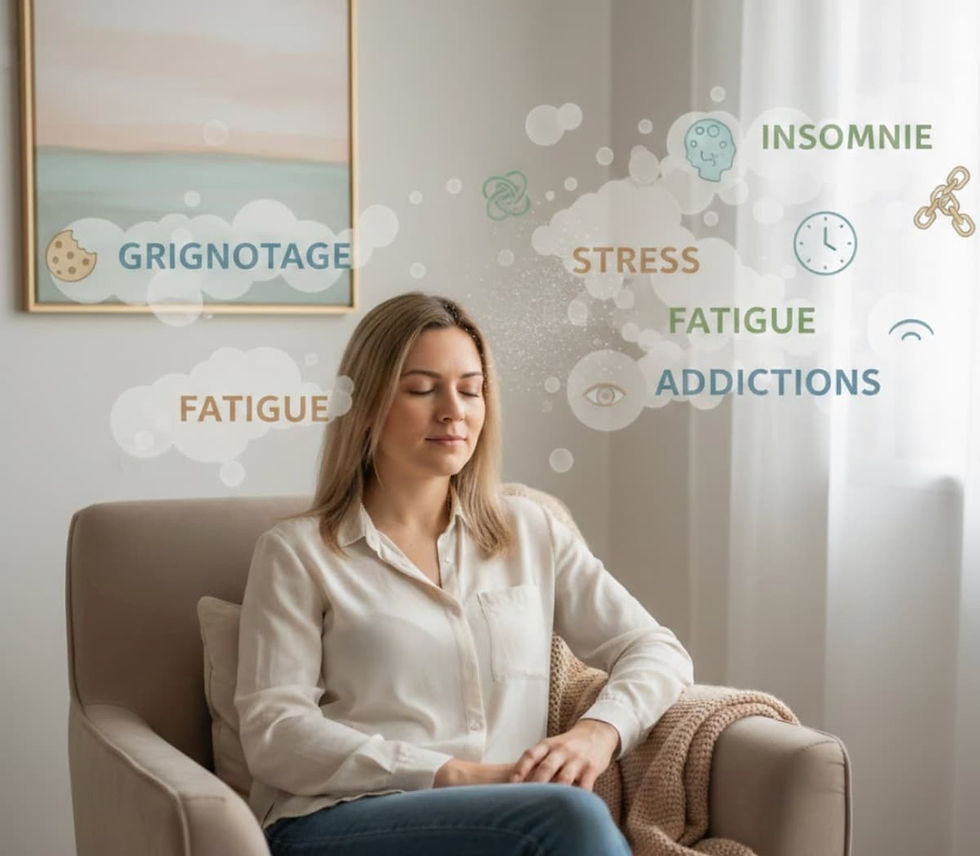 Femme assise calmement dans un fauteuil avec les mots grignotage, stress, insomnie, fatigue et addictions autour d'elle, symbolisant les symptômes comme des solutions devenues coûteuses