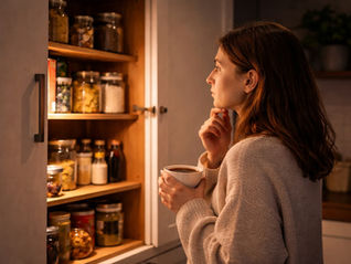 Personne hésitant devant un placard de cuisine avec une tasse de café après l'arrêt du tabac