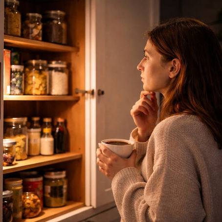 Personne hésitant devant un placard de cuisine avec une tasse de café après l'arrêt du tabac