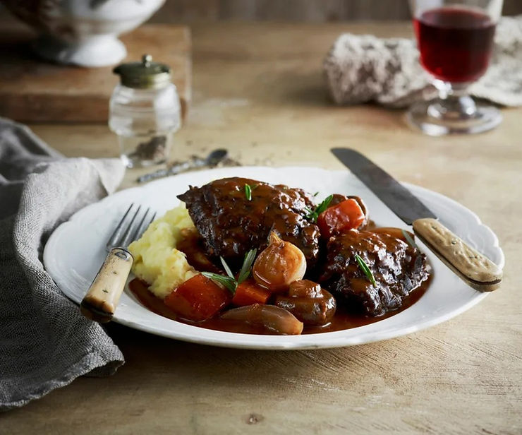 Braised beef cheeks in red wine.