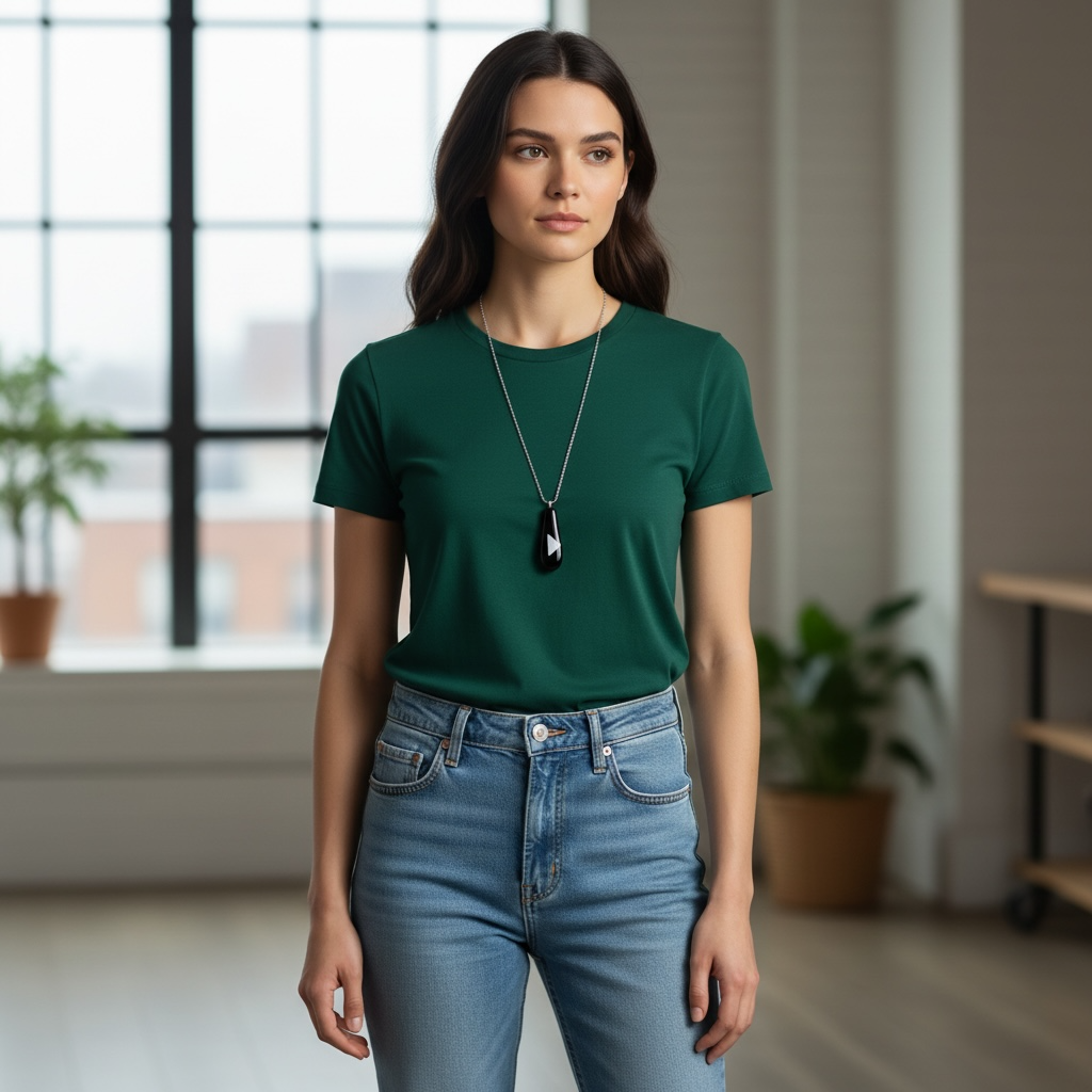 Lange schwarze Halskette am Modell in Innenraum.