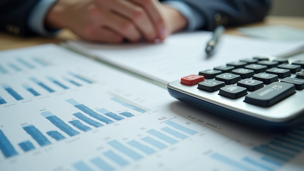 Close-up view of a calculator and budget sheets on a desk